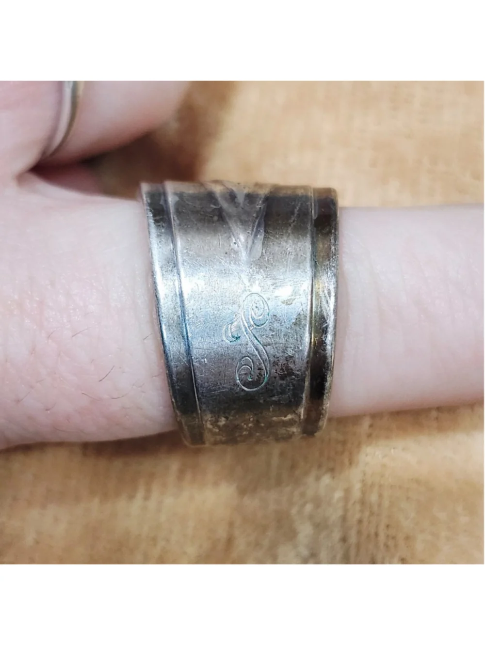 Aged Engraved S Spoon Handle Ring Size 8